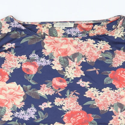 Papaya Womens Blue Floral Polyester Basic T-Shirt Size 14 Scoop Neck