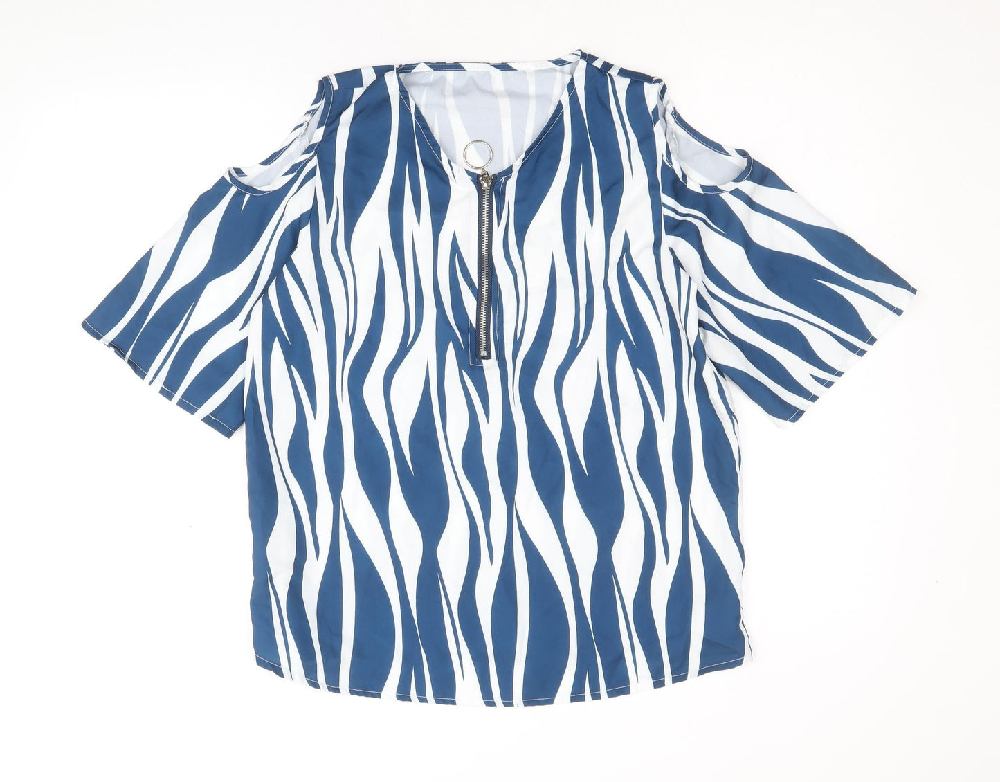 Preworn Womens Blue Geometric Polyester Basic T-Shirt Size S V-Neck - Cold Shoulder