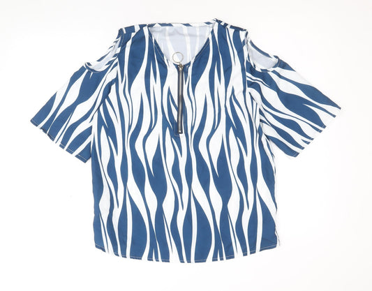 Preworn Womens Blue Geometric Polyester Basic T-Shirt Size S V-Neck - Cold Shoulder