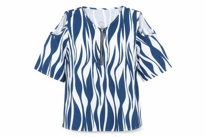 Preworn Womens Blue Geometric Polyester Basic T-Shirt Size S V-Neck - Cold Shoulder