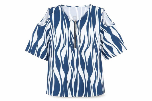 Preworn Womens Blue Geometric Polyester Basic T-Shirt Size S V-Neck - Cold Shoulder