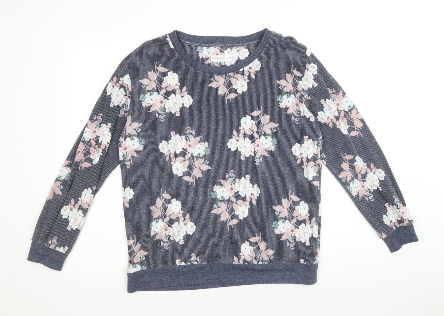 Nutmeg Womens Blue Round Neck Floral Cotton Pullover Jumper Size 12