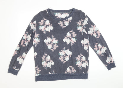 Nutmeg Womens Blue Round Neck Floral Cotton Pullover Jumper Size 12