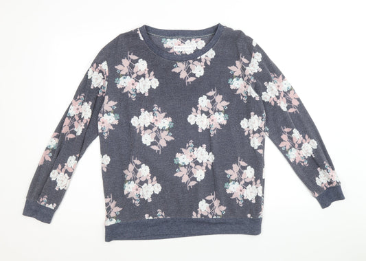 Nutmeg Womens Blue Round Neck Floral Cotton Pullover Jumper Size 12