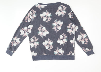 Nutmeg Womens Blue Round Neck Floral Cotton Pullover Jumper Size 12