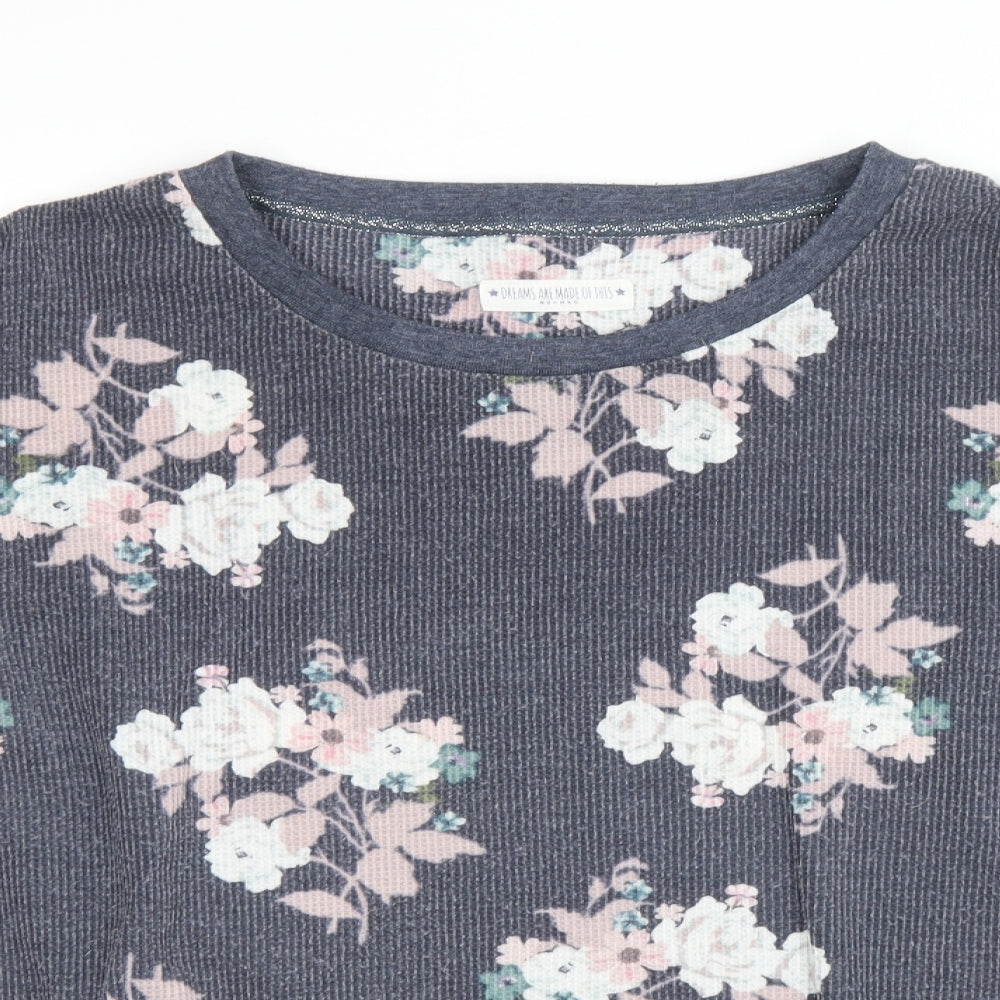 Nutmeg Womens Blue Round Neck Floral Cotton Pullover Jumper Size 12