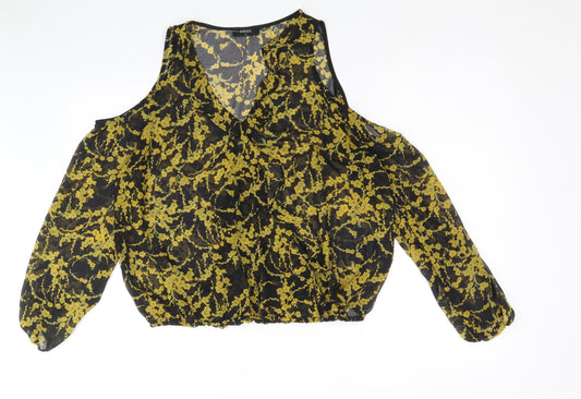 Papaya Womens Beige Floral Polyacrylate Fibre Basic Blouse Size 14 V-Neck - Cold Shoulder