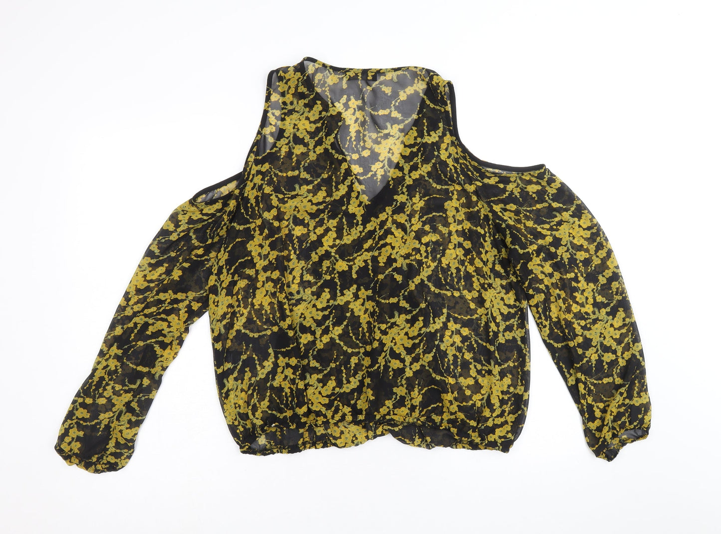 Papaya Womens Beige Floral Polyacrylate Fibre Basic Blouse Size 14 V-Neck - Cold Shoulder