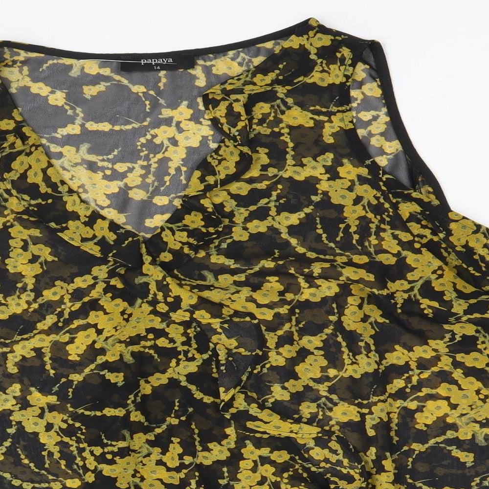 Papaya Womens Beige Floral Polyacrylate Fibre Basic Blouse Size 14 V-Neck - Cold Shoulder