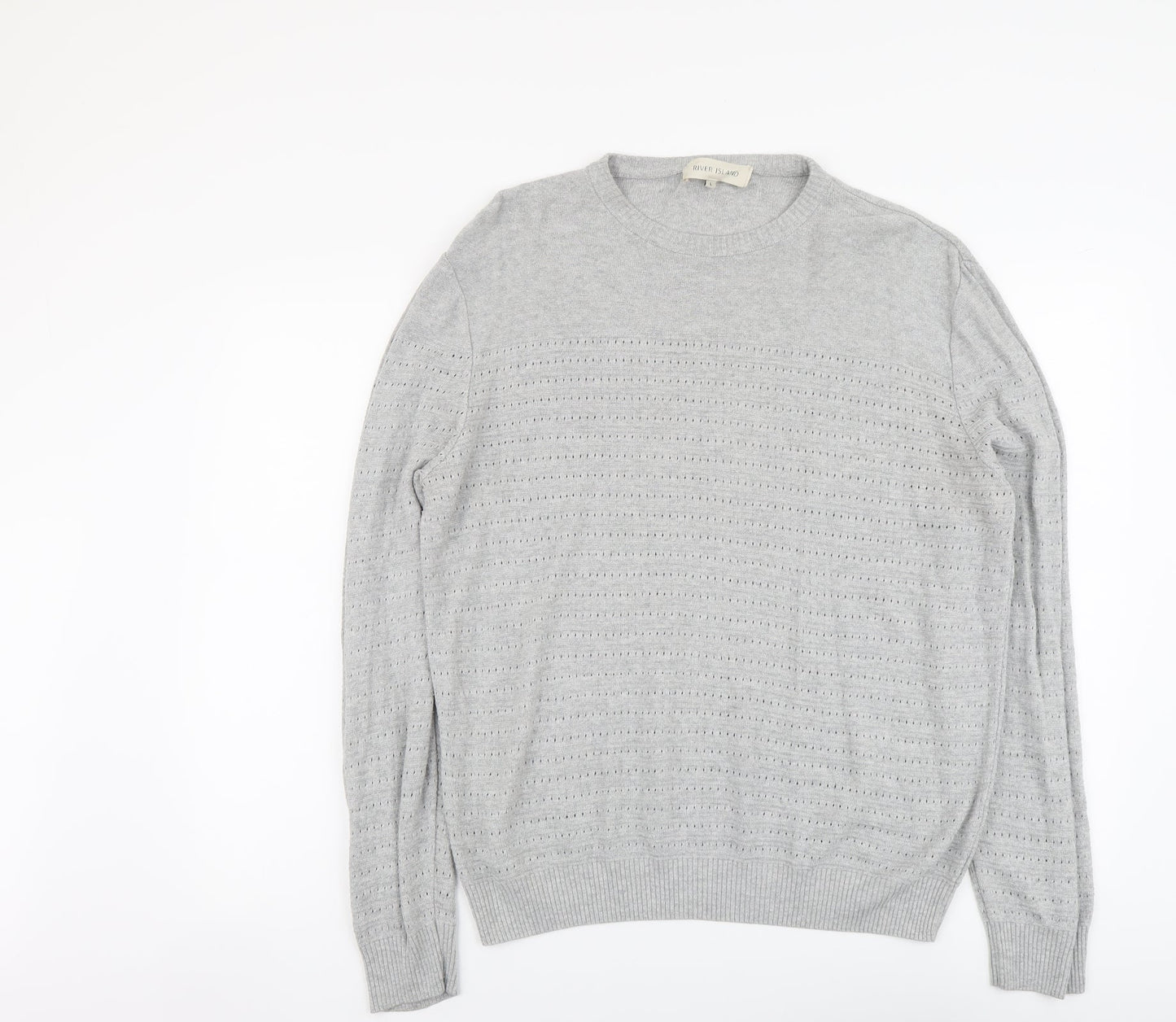 River Island Mens Grey Round Neck Cotton Pullover Jumper Size L Long Sleeve