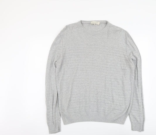 River Island Mens Grey Round Neck Cotton Pullover Jumper Size L Long Sleeve