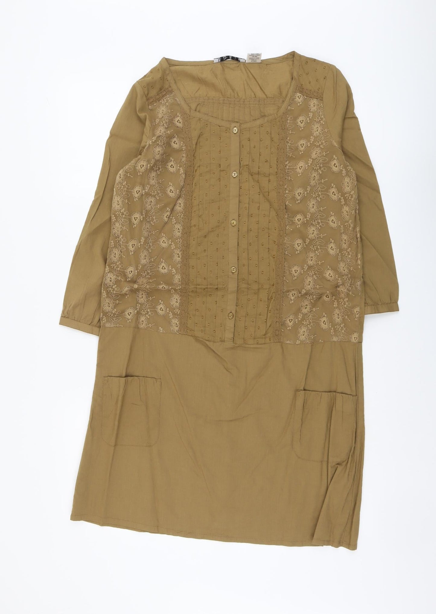Edeis Womens Brown Floral Cotton A-Line Size 8 V-Neck Button