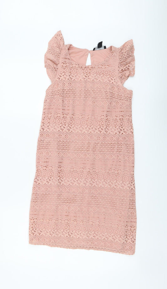 Atmosphere Womens Pink Geometric Cotton A-Line Size 6 Round Neck Button