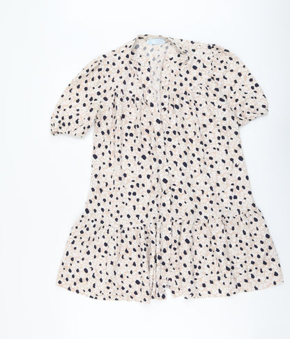 Primark Womens Pink Animal Print Viscose Trapeze & Swing Size 12 V-Neck Button - Leopard Pattern