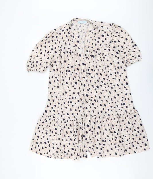 Primark Womens Pink Animal Print Viscose Trapeze & Swing Size 12 V-Neck Button - Leopard Pattern