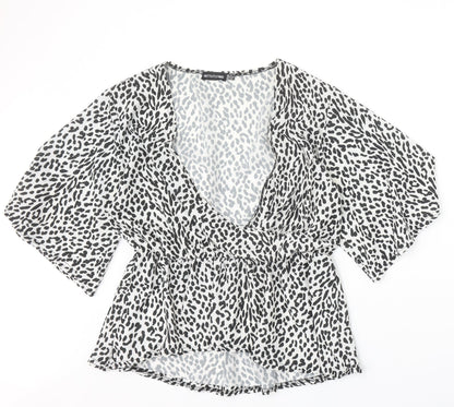 PRETTYLITTLETHING Womens White Animal Print Polyester Basic Blouse Size 14 V-Neck - Leopard Print Angel Sleeve