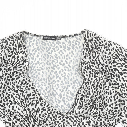 PRETTYLITTLETHING Womens White Animal Print Polyester Basic Blouse Size 14 V-Neck - Leopard Print Angel Sleeve