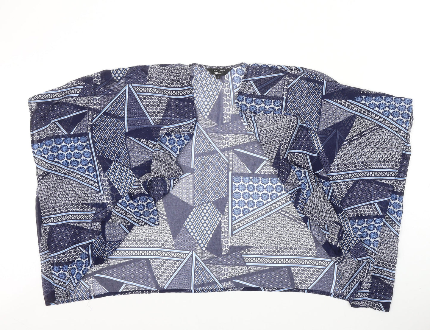 New Look Girls Blue Geometric Polyester Kimono Blouse Size S V-Neck Pullover