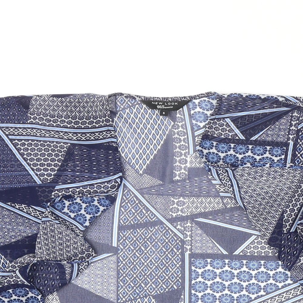 New Look Girls Blue Geometric Polyester Kimono Blouse Size S V-Neck Pullover
