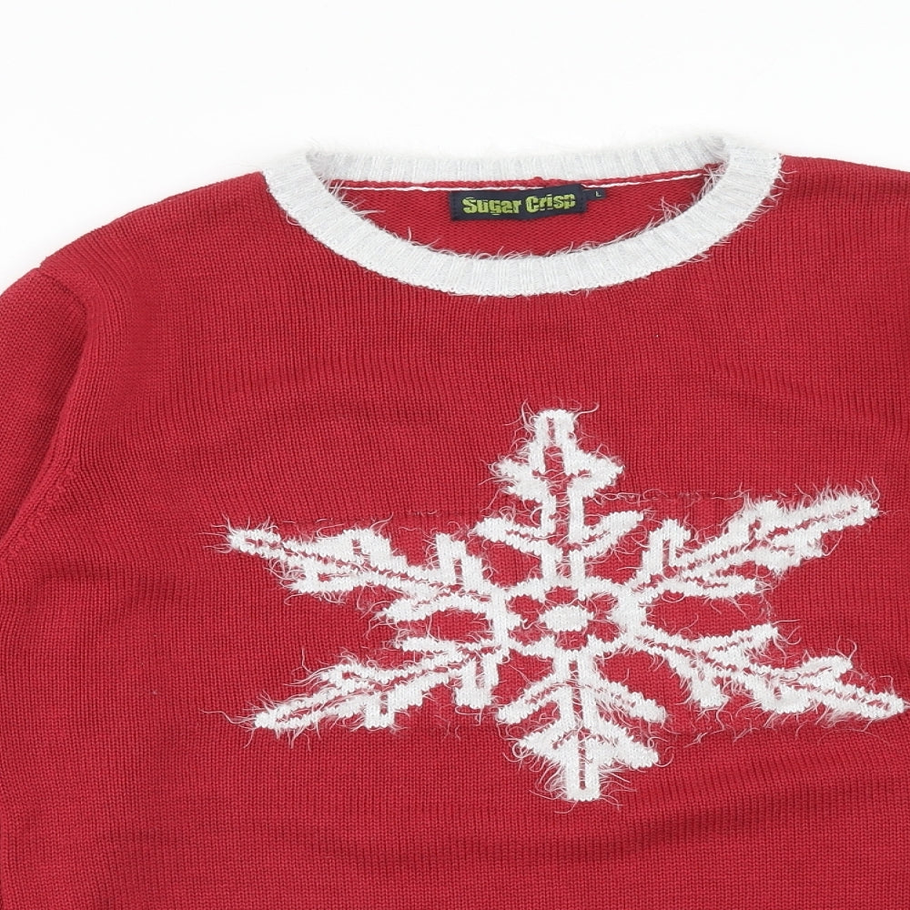 Sugar Crisp Mens Red Round Neck Acrylic Pullover Jumper Size L Long Sleeve - Snowflake