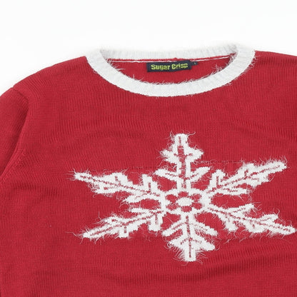 Sugar Crisp Mens Red Round Neck Acrylic Pullover Jumper Size L Long Sleeve - Snowflake