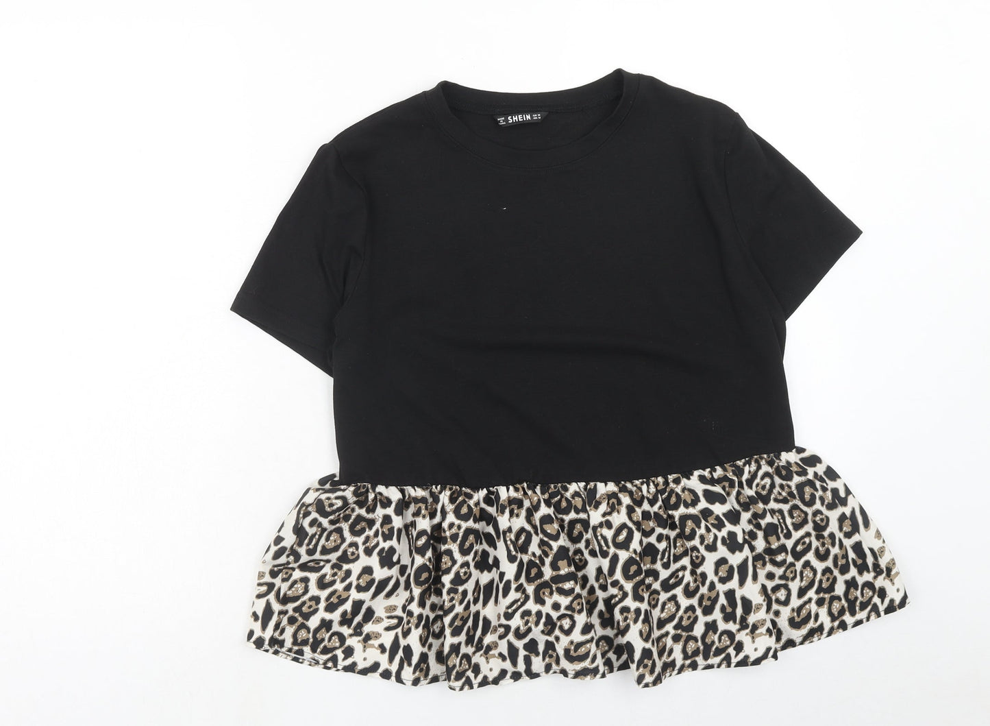 SheIn Womens Black Animal Print Polyester Basic T-Shirt Size M Round Neck - Leopard print drop hem