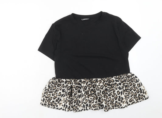 SheIn Womens Black Animal Print Polyester Basic T-Shirt Size M Round Neck - Leopard print drop hem