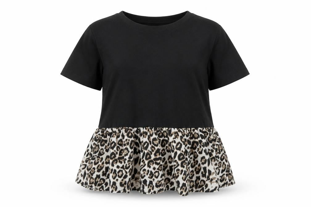 SheIn Womens Black Animal Print Polyester Basic T-Shirt Size M Round Neck - Leopard print drop hem