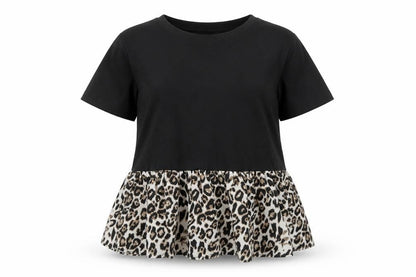 SheIn Womens Black Animal Print Polyester Basic T-Shirt Size M Round Neck - Leopard print drop hem