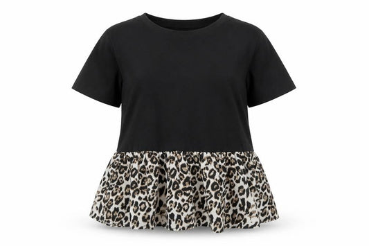 SheIn Womens Black Animal Print Polyester Basic T-Shirt Size M Round Neck - Leopard print drop hem