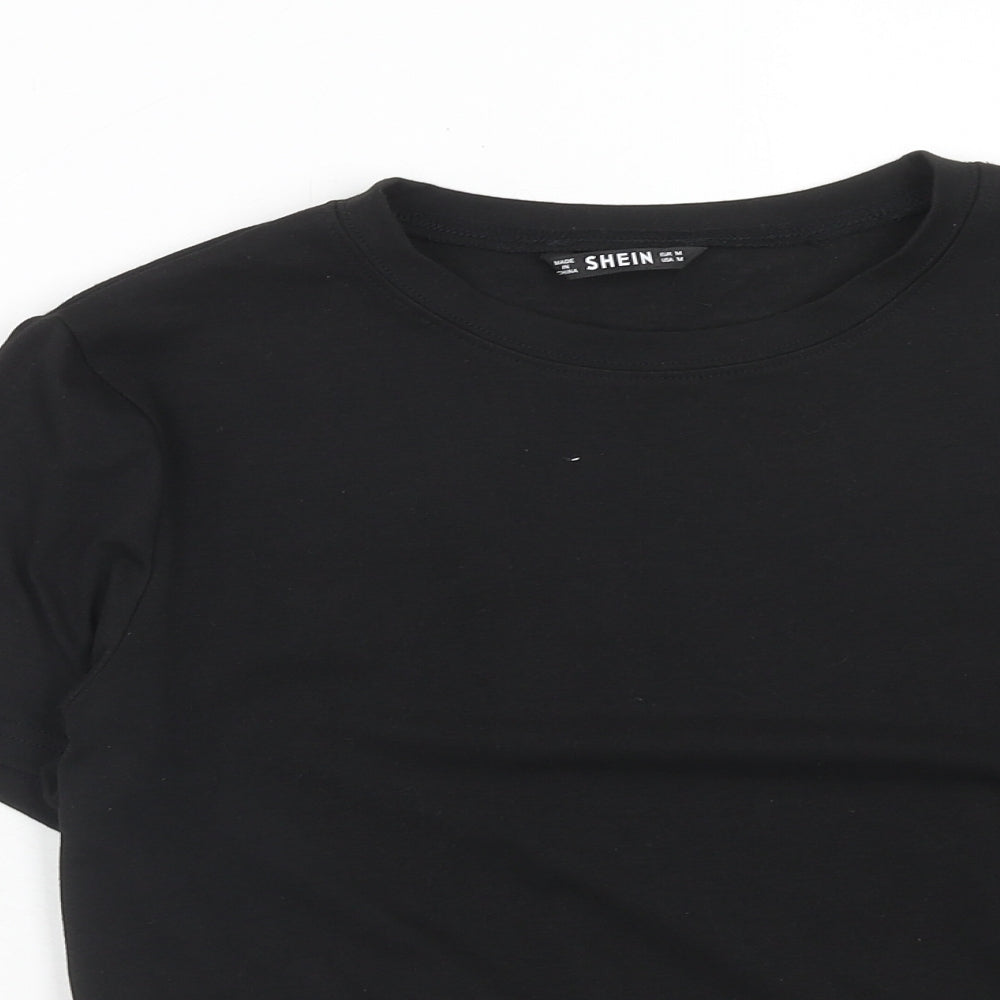 SheIn Womens Black Animal Print Polyester Basic T-Shirt Size M Round Neck - Leopard print drop hem