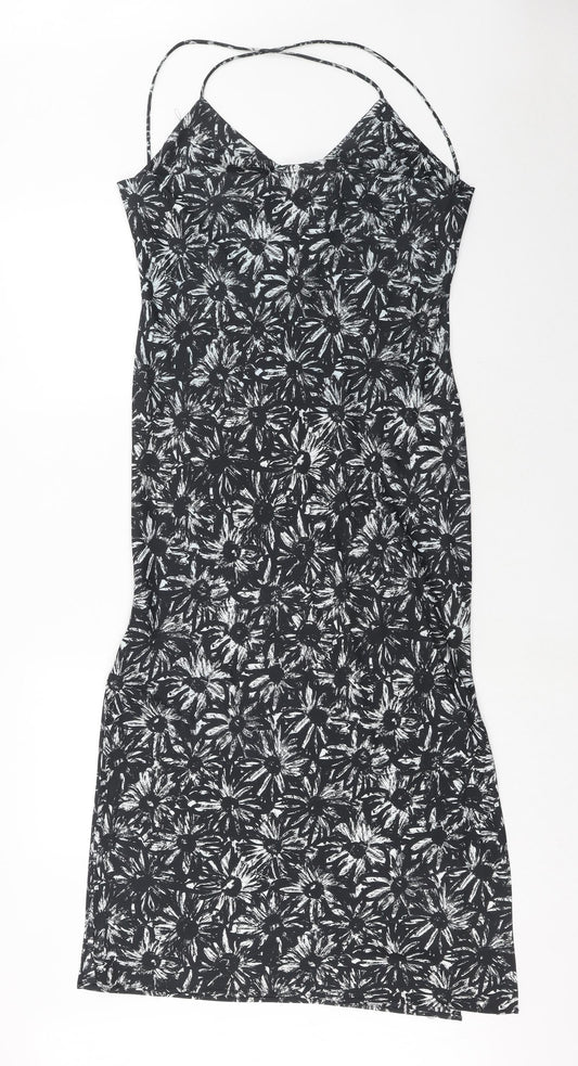 Topshop Womens Black Fair Isle Polyester Slip Dress Size 10 V-Neck Pullover