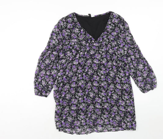 H&M Womens Purple Floral Polyester A-Line Size M V-Neck Pullover