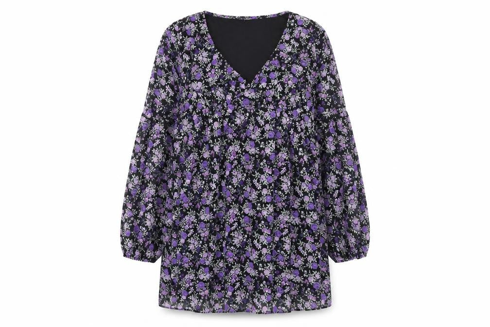 H&M Womens Purple Floral Polyester A-Line Size M V-Neck Pullover