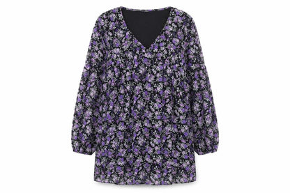 H&M Womens Purple Floral Polyester A-Line Size M V-Neck Pullover