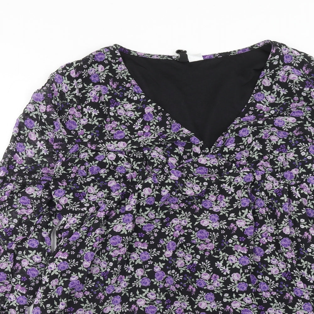 H&M Womens Purple Floral Polyester A-Line Size M V-Neck Pullover
