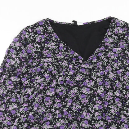 H&M Womens Purple Floral Polyester A-Line Size M V-Neck Pullover
