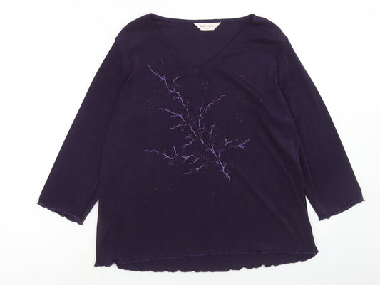 Bonmarché Womens Purple Polyester Basic Blouse Size M V-Neck - Lettuce Hem