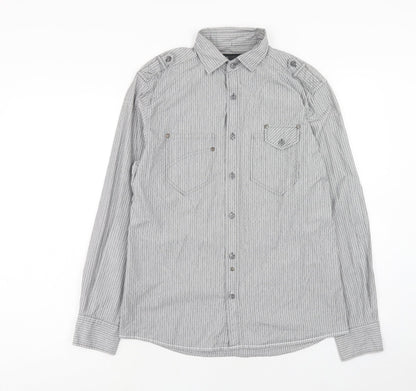 NEXT Mens Grey Striped Cotton Button-Up Size S Collared Button