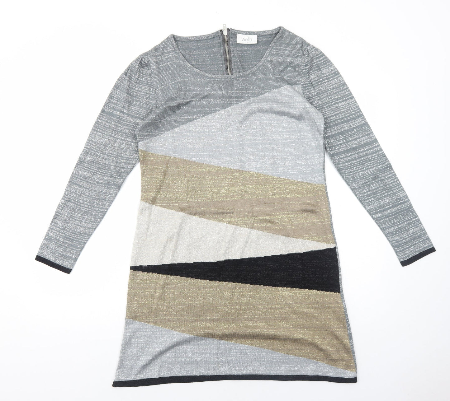 Wallis Womens Green Colourblock Acrylic A-Line Size M Round Neck Zip