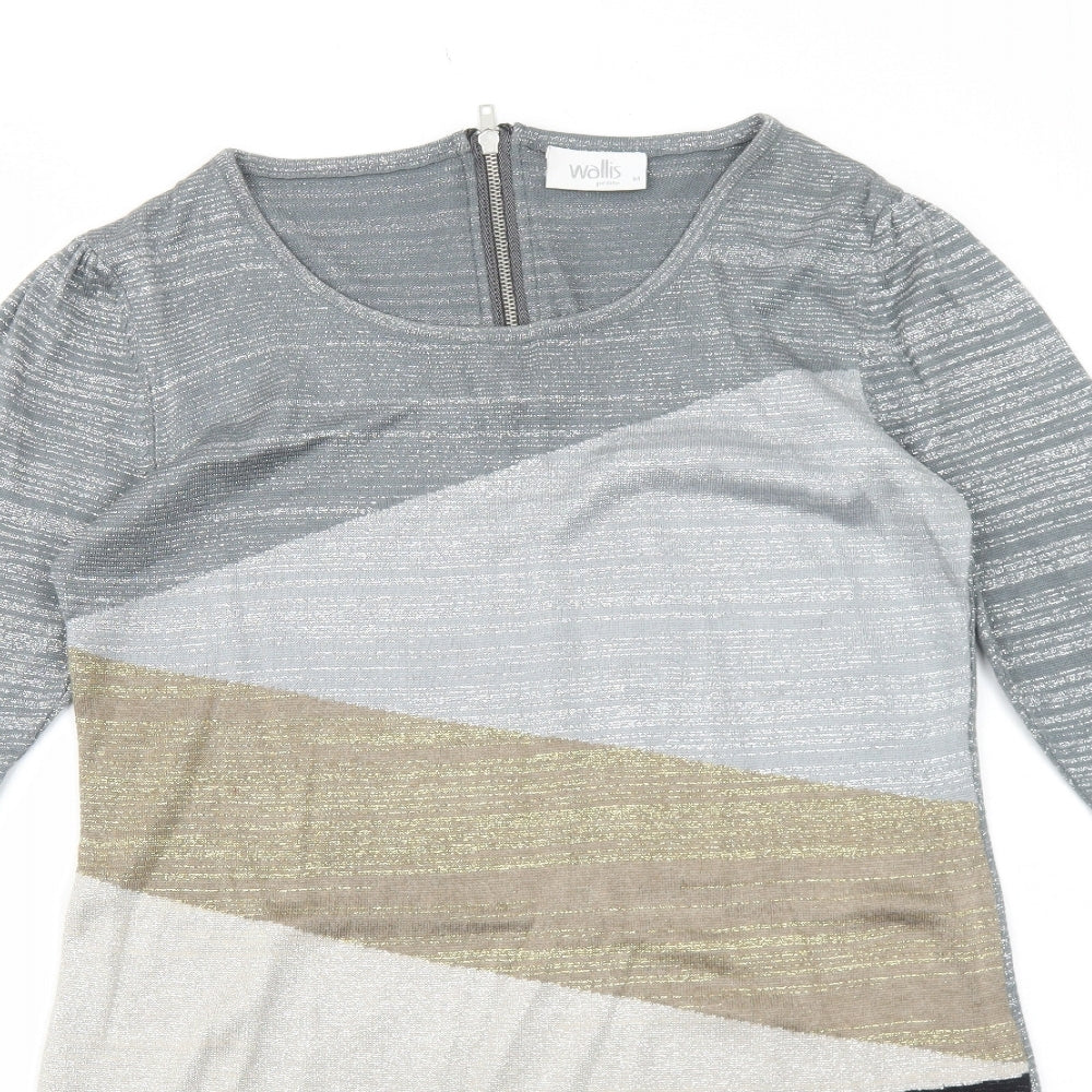 Wallis Womens Green Colourblock Acrylic A-Line Size M Round Neck Zip
