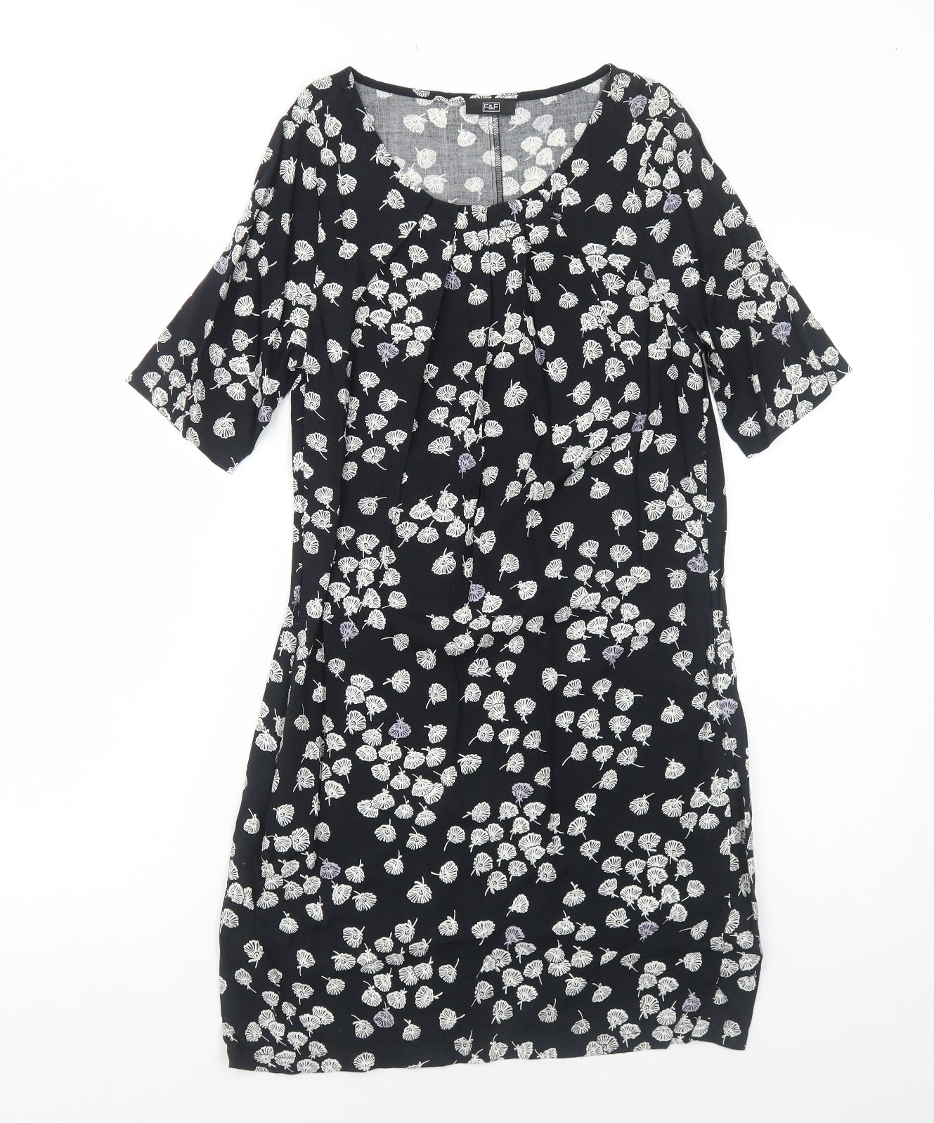 FF&F Womens Black Floral Viscose T-Shirt Dress Size 6 Boat Neck Pullover