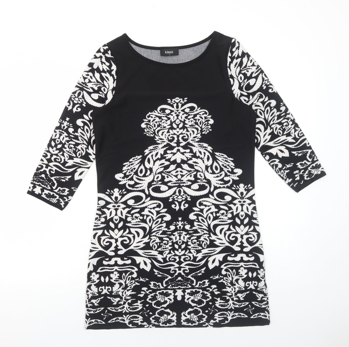 Klass Womens Black Geometric Polyester Mini Size S Boat Neck Pullover