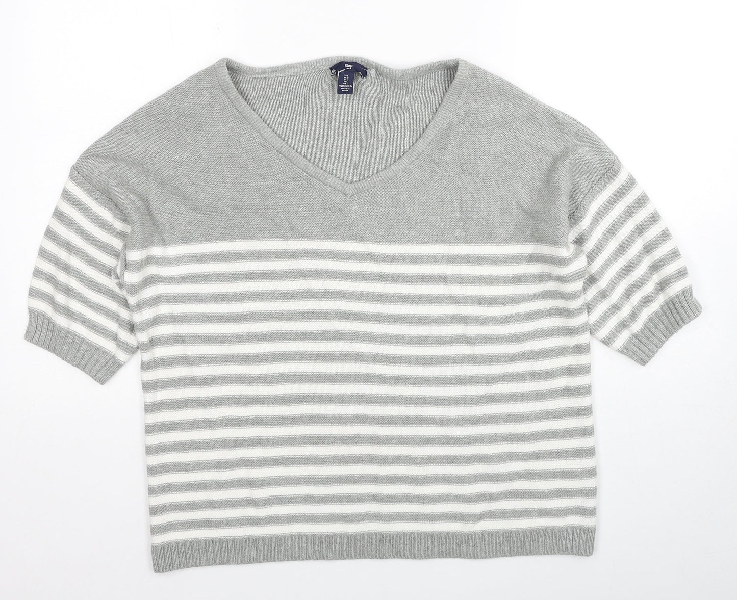 Gap Womens Grey V-Neck Striped Cotton Pullover Jumper Size L