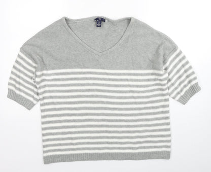 Gap Womens Grey V-Neck Striped Cotton Pullover Jumper Size L