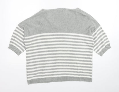 Gap Womens Grey V-Neck Striped Cotton Pullover Jumper Size L
