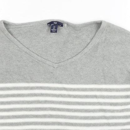 Gap Womens Grey V-Neck Striped Cotton Pullover Jumper Size L