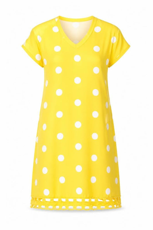 Preworn Womens Yellow Polka Dot Polyester T-Shirt Dress Size S V-Neck Pullover