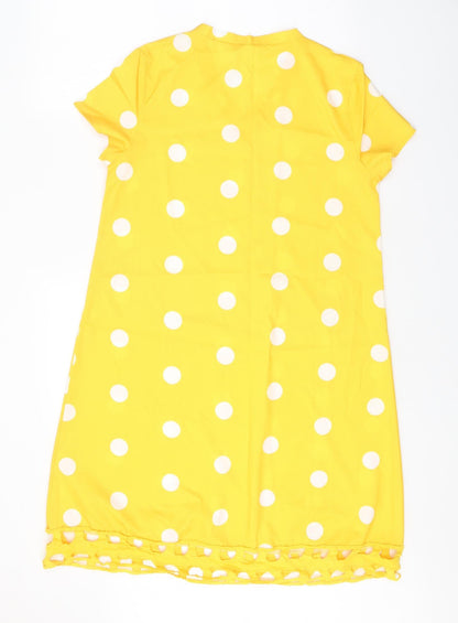Preworn Womens Yellow Polka Dot Polyester T-Shirt Dress Size S V-Neck Pullover