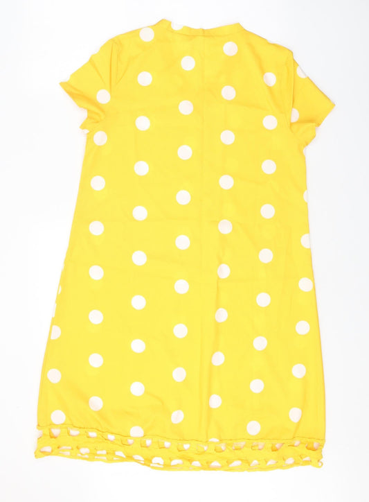 Preworn Womens Yellow Polka Dot Polyester T-Shirt Dress Size S V-Neck Pullover